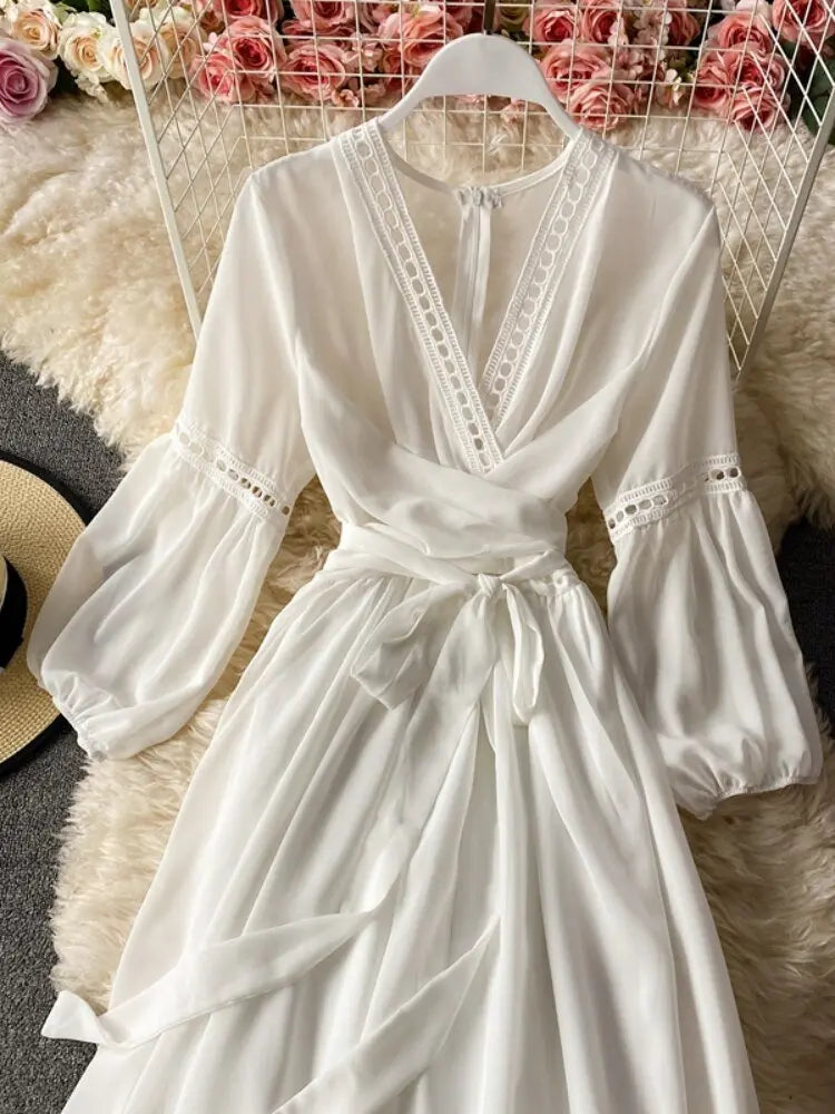 Beach Holiday Style Dress Women Elegant V-neck Lace-up High Waist Dress - Blade & Thread