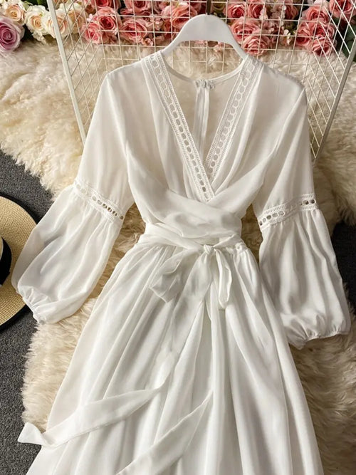 Beach Holiday Style Dress Women Elegant V-neck Lace-up High Waist Dress nowadaysfashion