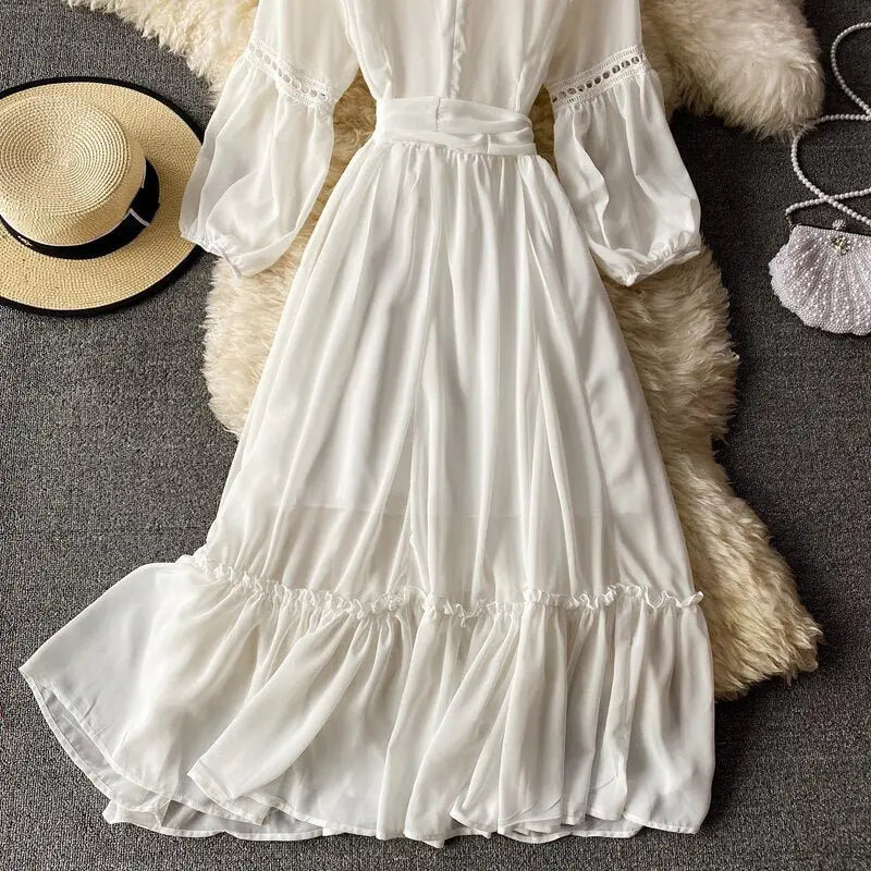 Beach Holiday Style Dress Women Elegant V-neck Lace-up High Waist Dress nowadaysfashion