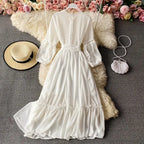 Beach Holiday Style Dress Women Elegant V-neck Lace-up High Waist Dress nowadaysfashion