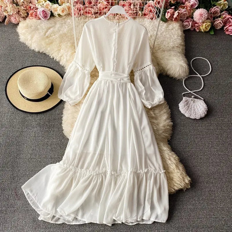 Beach Holiday Style Dress Women Elegant V-neck Lace-up High Waist Dress - Blade & Thread