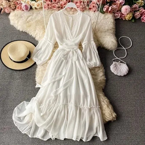 Beach Holiday Style Dress Women Elegant V-neck Lace-up High Waist Dress - Blade & Thread