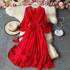 Beach Holiday Style Dress Women Elegant V-neck Lace-up High Waist Dress nowadaysfashion