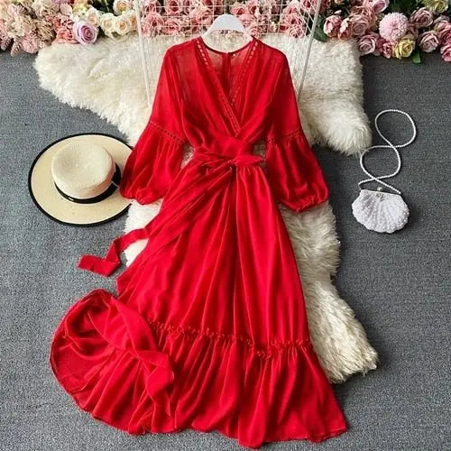 Beach Holiday Style Dress Women Elegant V-neck Lace-up High Waist Dress - Blade & Thread