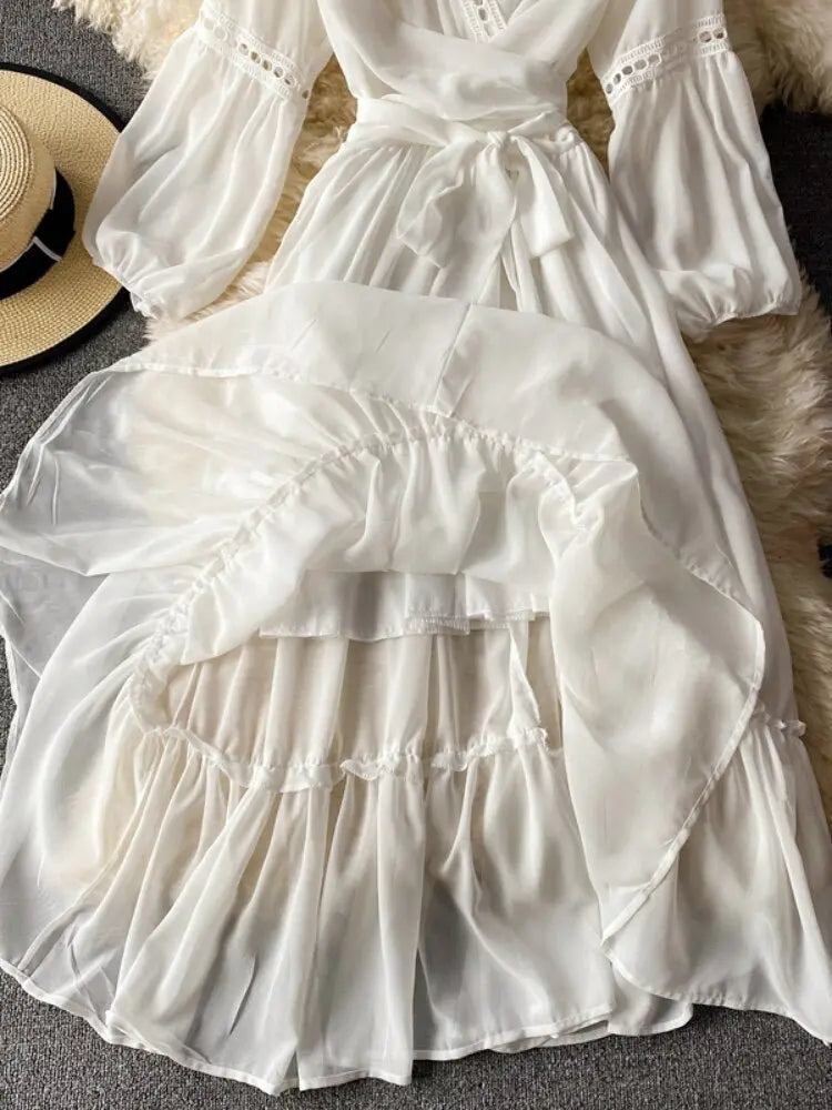 Beach Holiday Style Dress Women Elegant V-neck Lace-up High Waist Dress - Blade & Thread