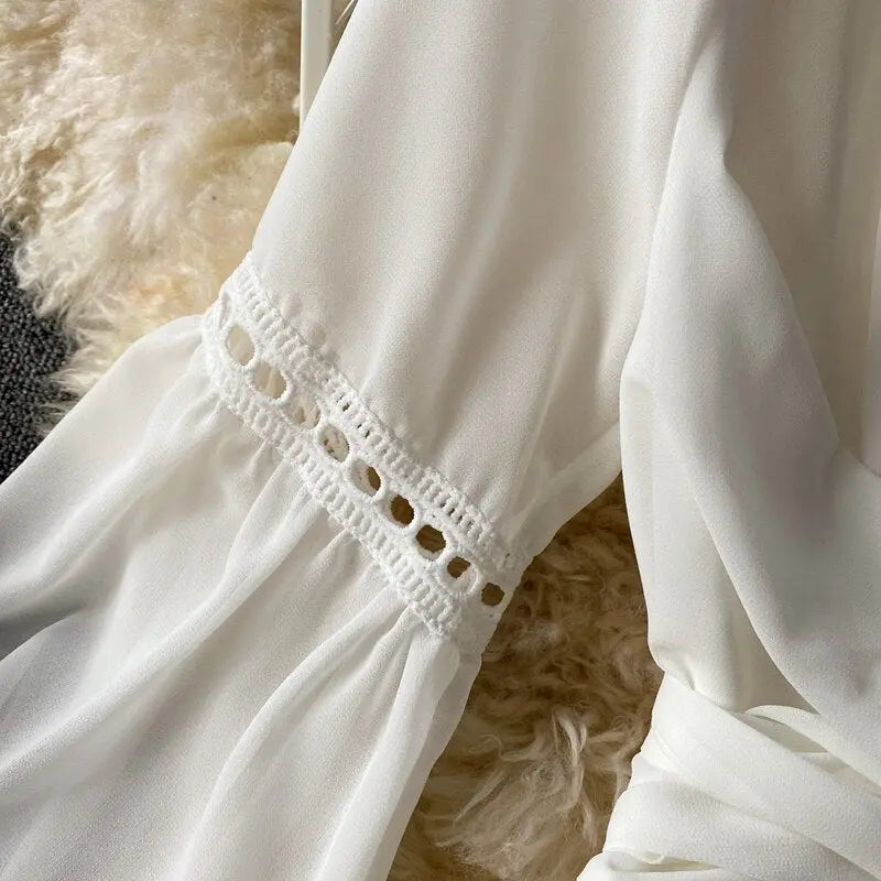 Beach Holiday Style Dress Women Elegant V-neck Lace-up High Waist Dress - Blade & Thread
