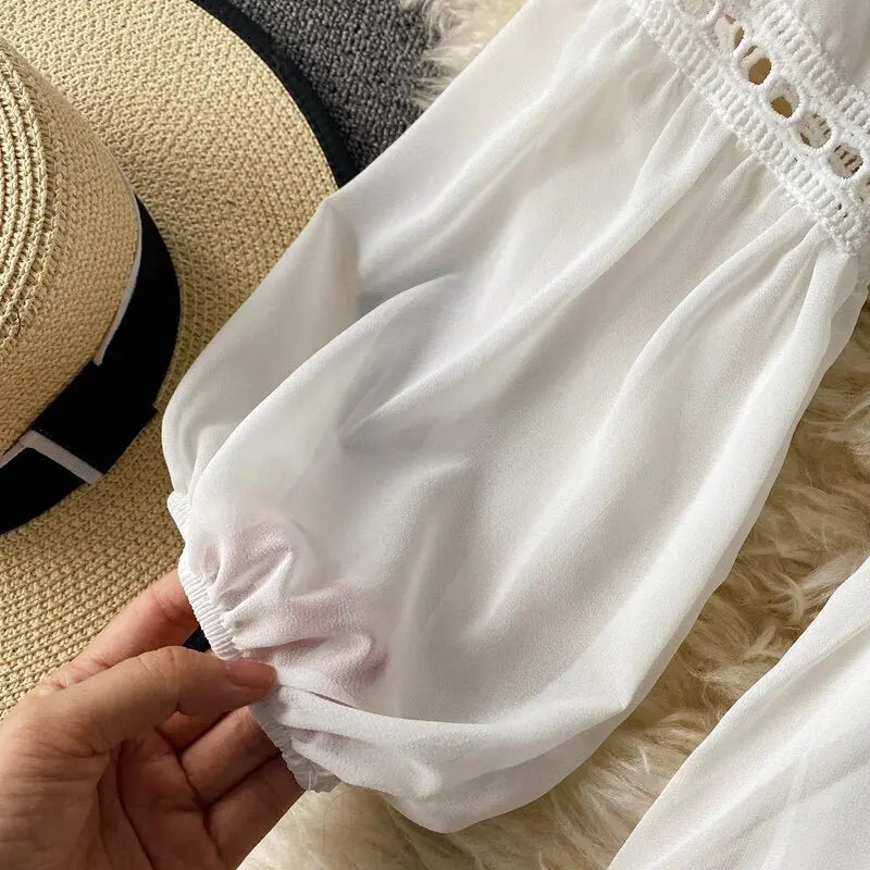Beach Holiday Style Dress Women Elegant V-neck Lace-up High Waist Dress - Blade & Thread