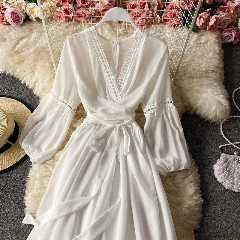 Beach Holiday Style Dress Women Elegant V-neck Lace-up High Waist Dress - Blade & Thread