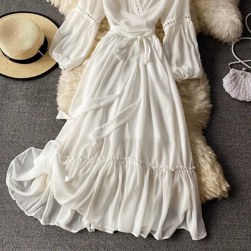 Beach Holiday Style Dress Women Elegant V-neck Lace-up High Waist Dress - Blade & Thread