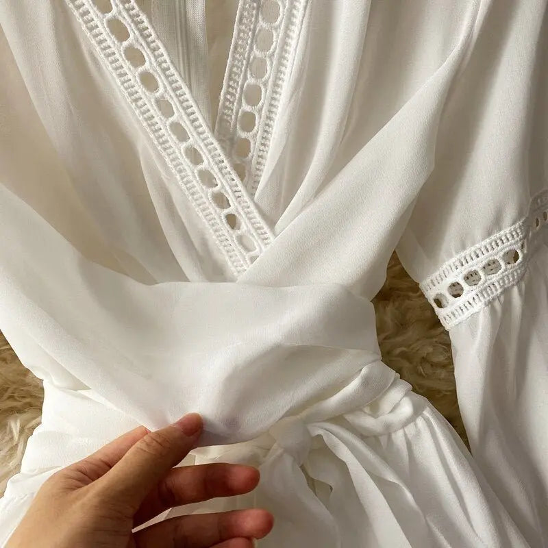 Beach Holiday Style Dress Women Elegant V-neck Lace-up High Waist Dress nowadaysfashion