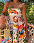 Beach Spaghetti Strap Long Dress Printed Backless Sleeveless Drawstring Dress nowadaysfashion