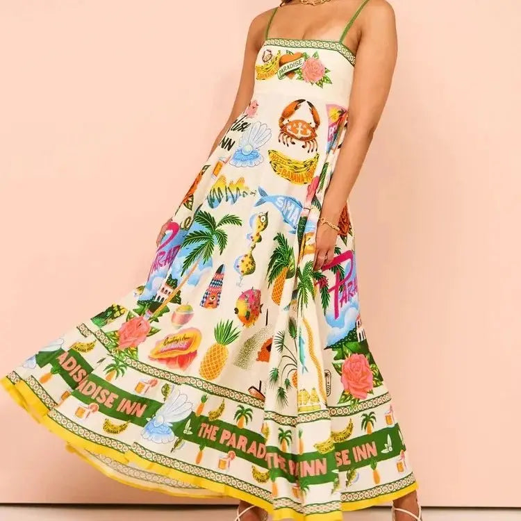 Beach Spaghetti Strap Long Dress Printed Backless Sleeveless Drawstring Dress - Blade & Thread