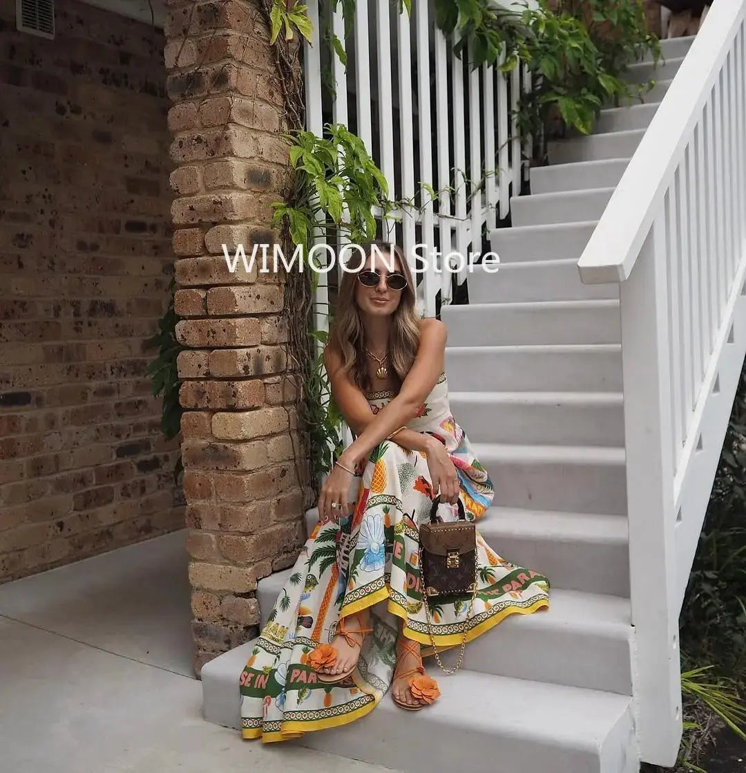 Beach Spaghetti Strap Long Dress Printed Backless Sleeveless Drawstring Dress - Blade & Thread