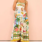 Beach Spaghetti Strap Long Dress Printed Backless Sleeveless Drawstring Dress nowadaysfashion