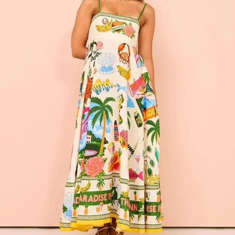 Beach Spaghetti Strap Long Dress Printed Backless Sleeveless Drawstring Dress - Blade & Thread