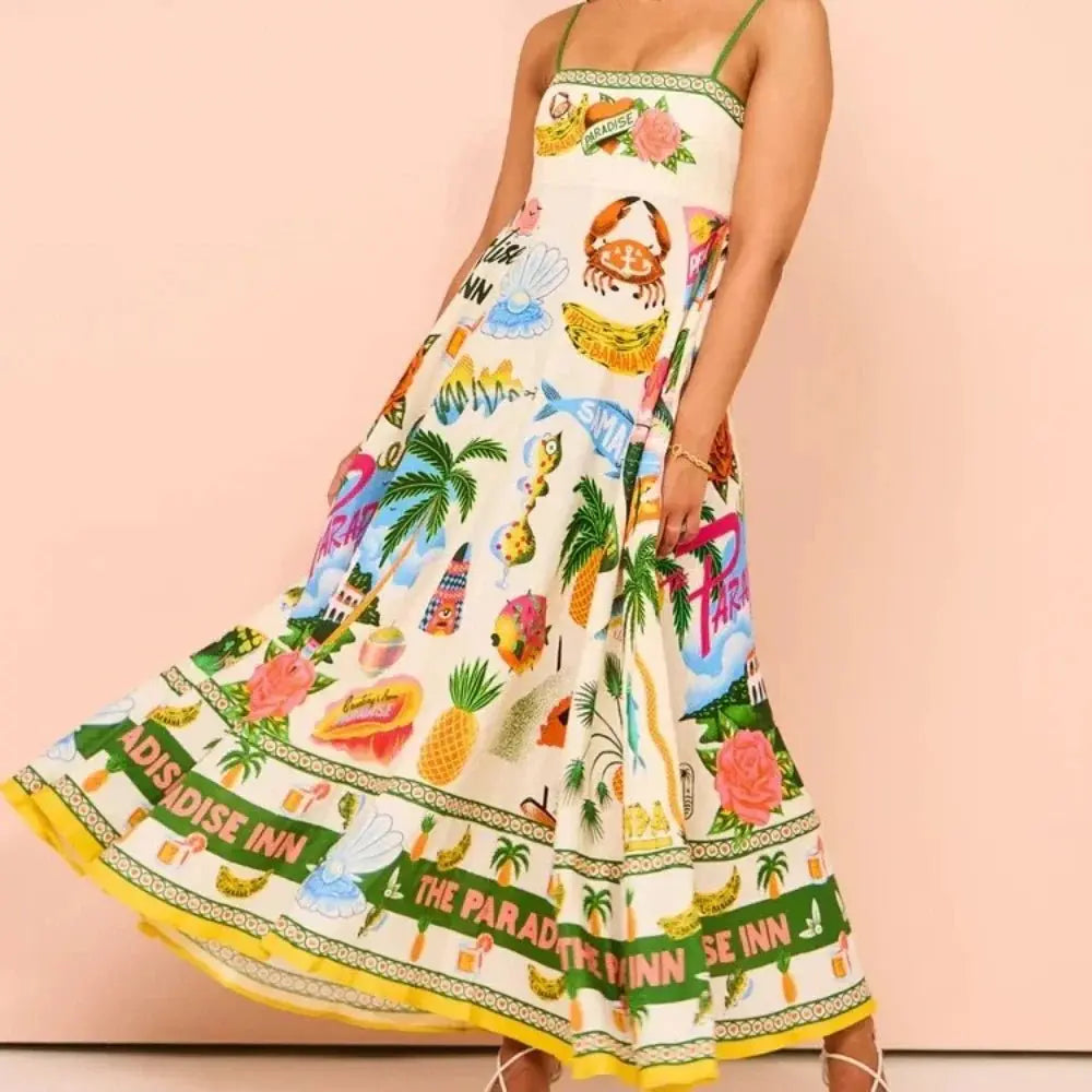 Beach Spaghetti Strap Long Dress Printed Backless Sleeveless Drawstring Dress - Blade & Thread
