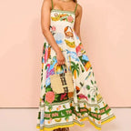 Beach Spaghetti Strap Long Dress Printed Backless Sleeveless Drawstring Dress nowadaysfashion
