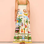 Beach Spaghetti Strap Long Dress Printed Backless Sleeveless Drawstring Dress nowadaysfashion
