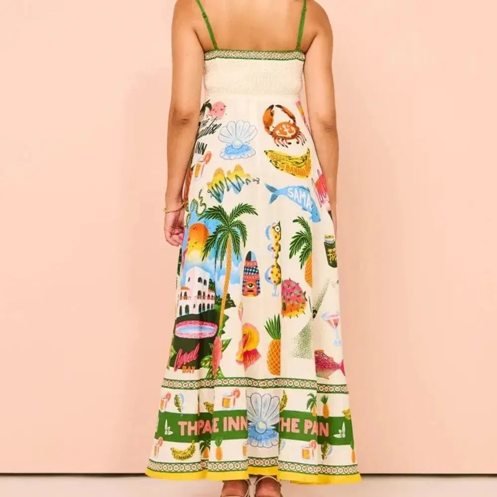 Beach Spaghetti Strap Long Dress Printed Backless Sleeveless Drawstring Dress - Blade & Thread