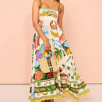 Beach Spaghetti Strap Long Dress Printed Backless Sleeveless Drawstring Dress nowadaysfashion