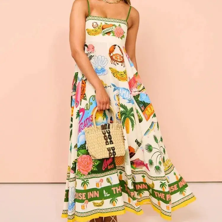 Beach Spaghetti Strap Long Dress Printed Backless Sleeveless Drawstring Dress - Blade & Thread