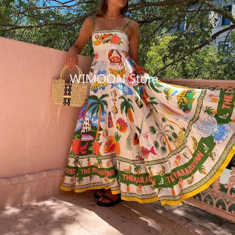 Beach Spaghetti Strap Long Dress Printed Backless Sleeveless Drawstring Dress - Blade & Thread
