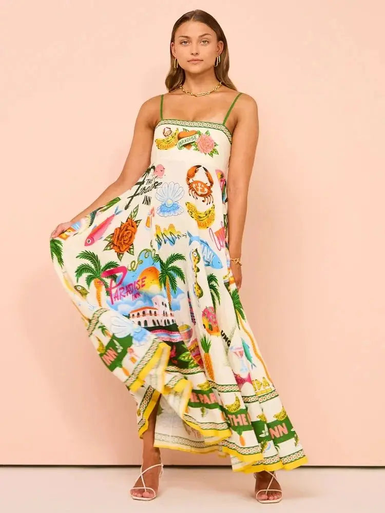 Beach Spaghetti Strap Long Dress Printed Backless Sleeveless Drawstring Dress nowadaysfashion