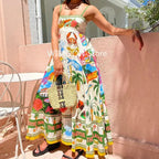 Beach Spaghetti Strap Long Dress Printed Backless Sleeveless Drawstring Dress nowadaysfashion