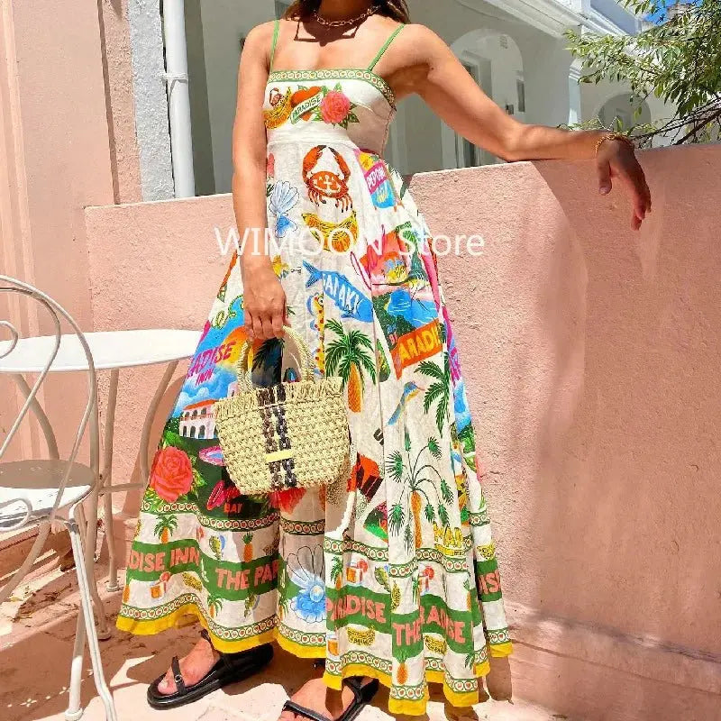 Beach Spaghetti Strap Long Dress Printed Backless Sleeveless Drawstring Dress - Blade & Thread