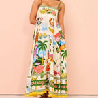 Beach Spaghetti Strap Long Dress Printed Backless Sleeveless Drawstring Dress nowadaysfashion