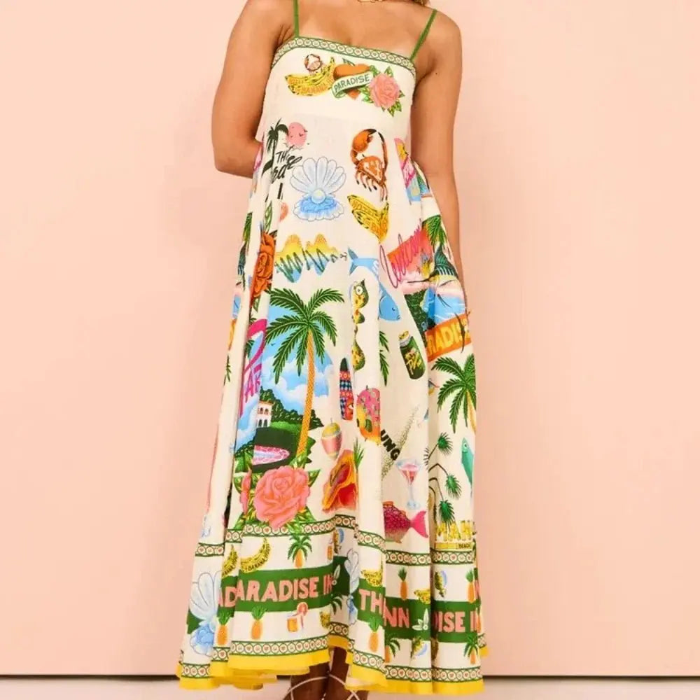 Beach Spaghetti Strap Long Dress Printed Backless Sleeveless Drawstring Dress nowadaysfashion
