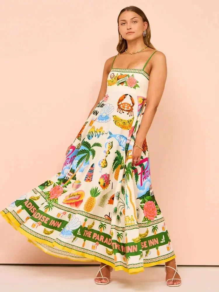 Beach Spaghetti Strap Long Dress Printed Backless Sleeveless Drawstring Dress - Blade & Thread