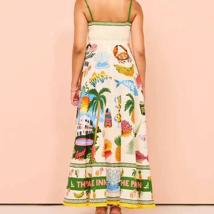 Beach Spaghetti Strap Long Dress Printed Backless Sleeveless Drawstring Dress - Blade & Thread