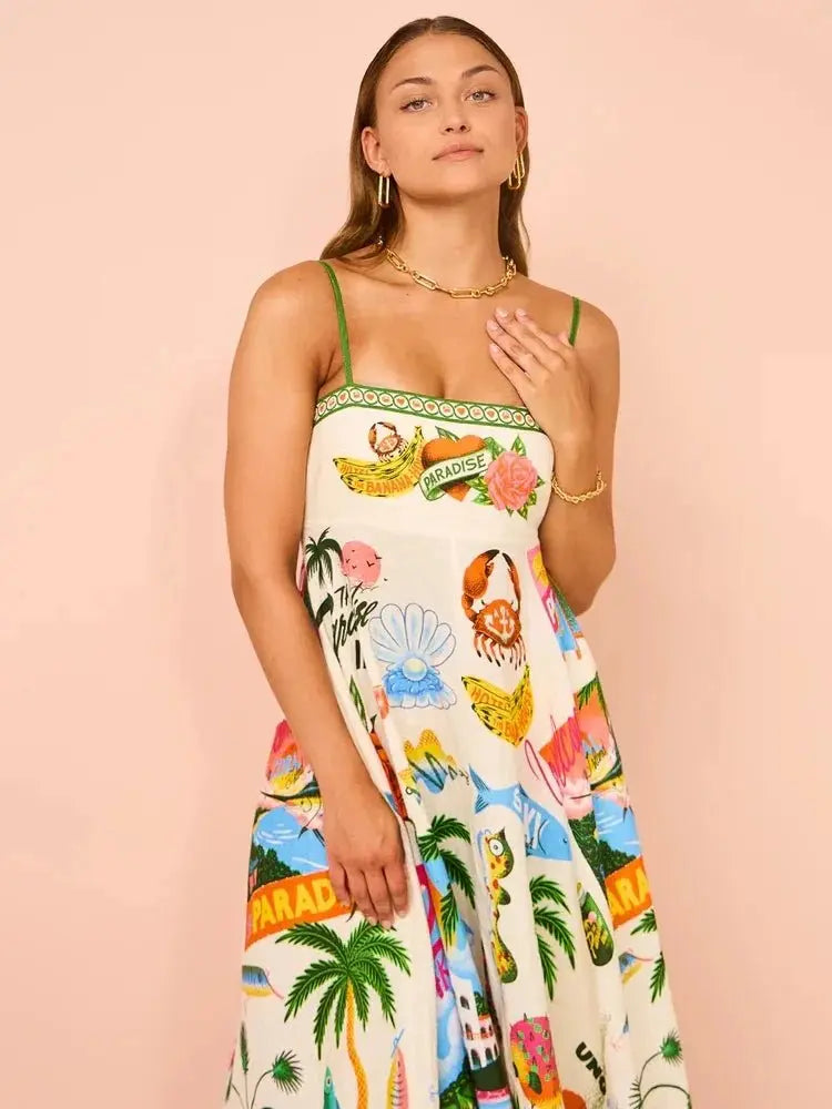 Beach Spaghetti Strap Long Dress Printed Backless Sleeveless Drawstring Dress - Blade & Thread