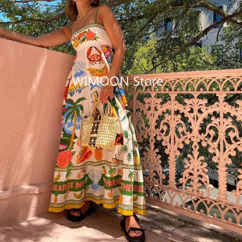 Beach Spaghetti Strap Long Dress Printed Backless Sleeveless Drawstring Dress - Blade & Thread