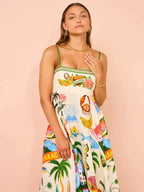 Beach Spaghetti Strap Long Dress Printed Backless Sleeveless Drawstring Dress nowadaysfashion