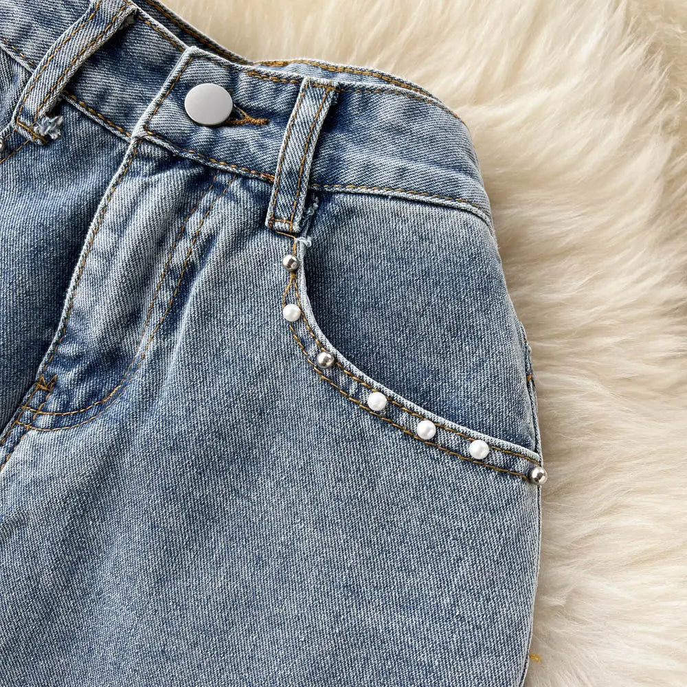 Beading Split Denim Skirts Women High Waist A-line Irregular Jeans Skirts - Blade & Thread
