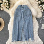 Beading Split Denim Skirts Women High Waist A-line Irregular Jeans Skirts nowadaysfashion