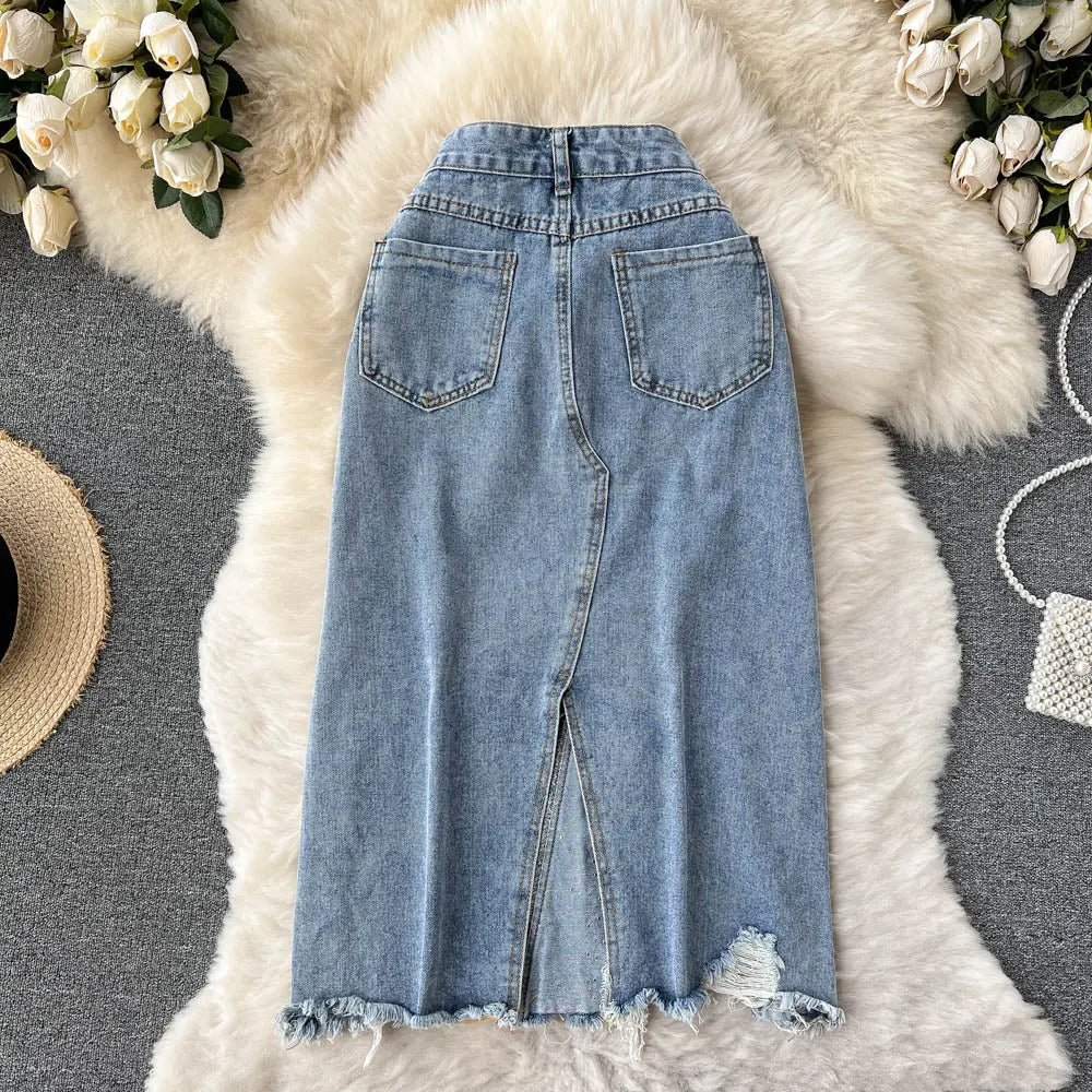 Beading Split Denim Skirts Women High Waist A-line Irregular Jeans Skirts - Blade & Thread