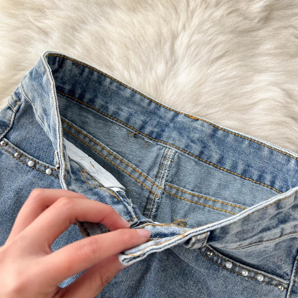 Beading Split Denim Skirts Women High Waist A-line Irregular Jeans Skirts nowadaysfashion