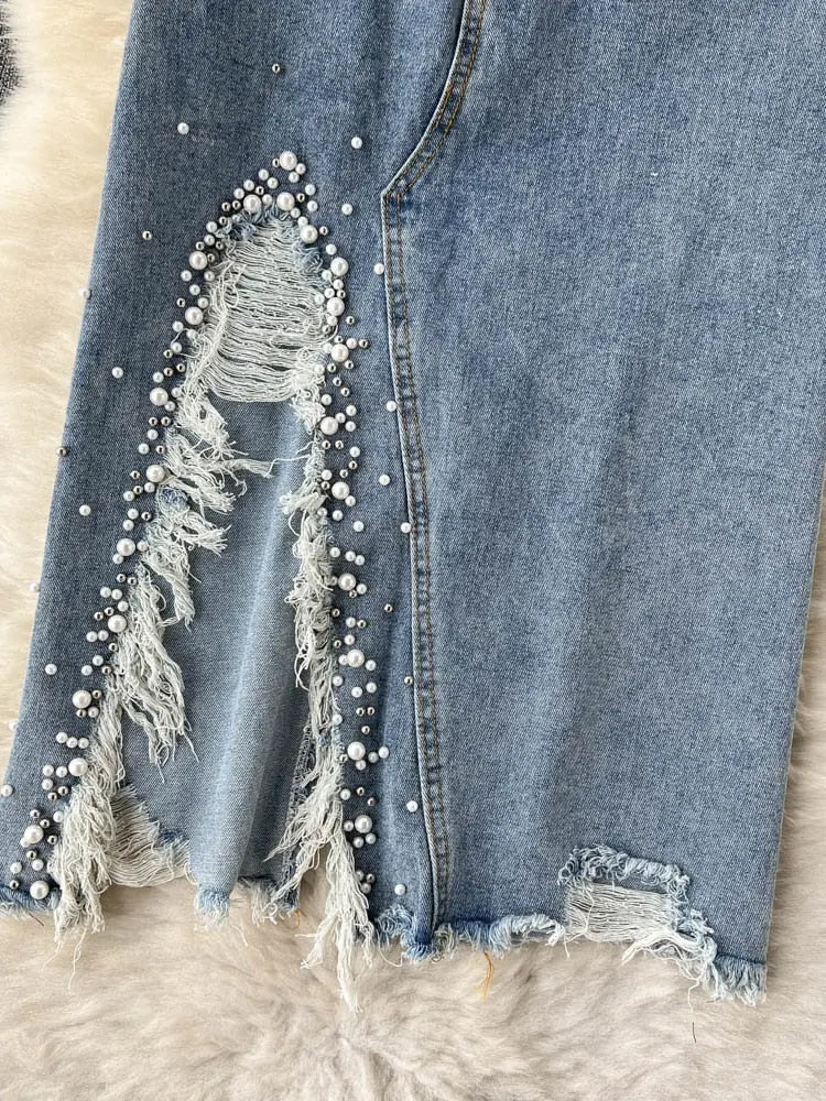 Beading Split Denim Skirts Women High Waist A-line Irregular Jeans Skirts - Blade & Thread