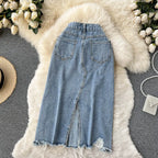 Beading Split Denim Skirts Women High Waist A-line Irregular Jeans Skirts nowadaysfashion