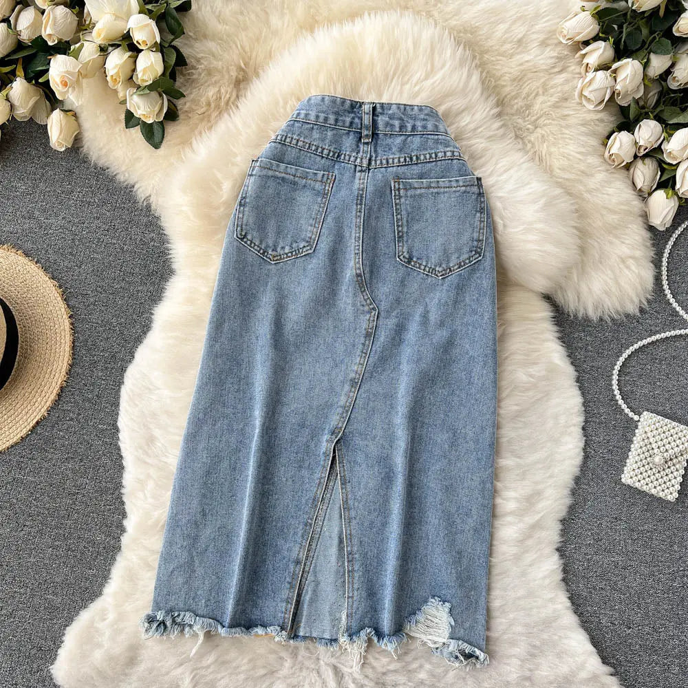 Beading Split Denim Skirts Women High Waist A-line Irregular Jeans Skirts - Blade & Thread