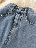 Beading Split Denim Skirts Women High Waist A-line Irregular Jeans Skirts nowadaysfashion