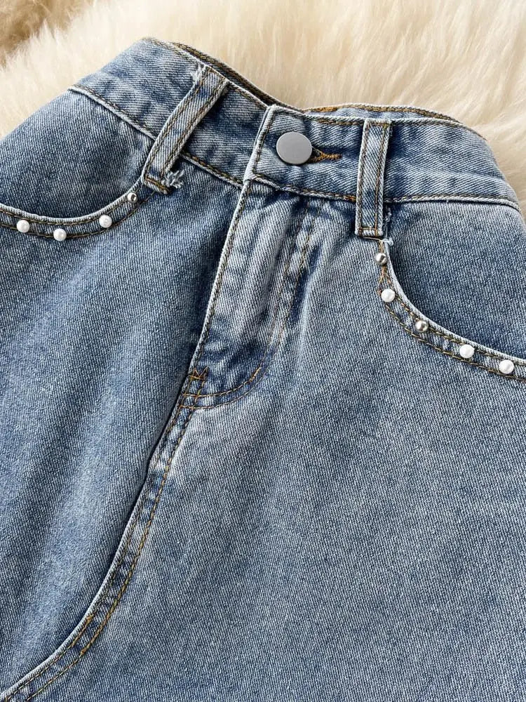 Beading Split Denim Skirts Women High Waist A-line Irregular Jeans Skirts - Blade & Thread