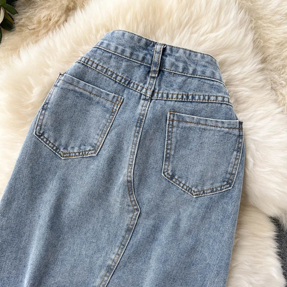 Beading Split Denim Skirts Women High Waist A-line Irregular Jeans Skirts - Blade & Thread