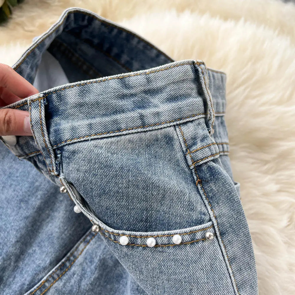Beading Split Denim Skirts Women High Waist A-line Irregular Jeans Skirts - Blade & Thread