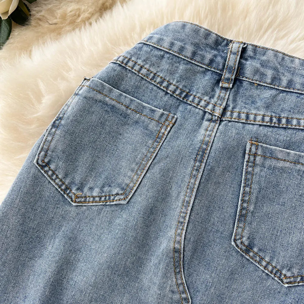 Beading Split Denim Skirts Women High Waist A-line Irregular Jeans Skirts - Blade & Thread