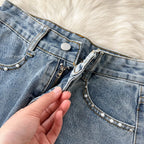 Beading Split Denim Skirts Women High Waist A-line Irregular Jeans Skirts nowadaysfashion