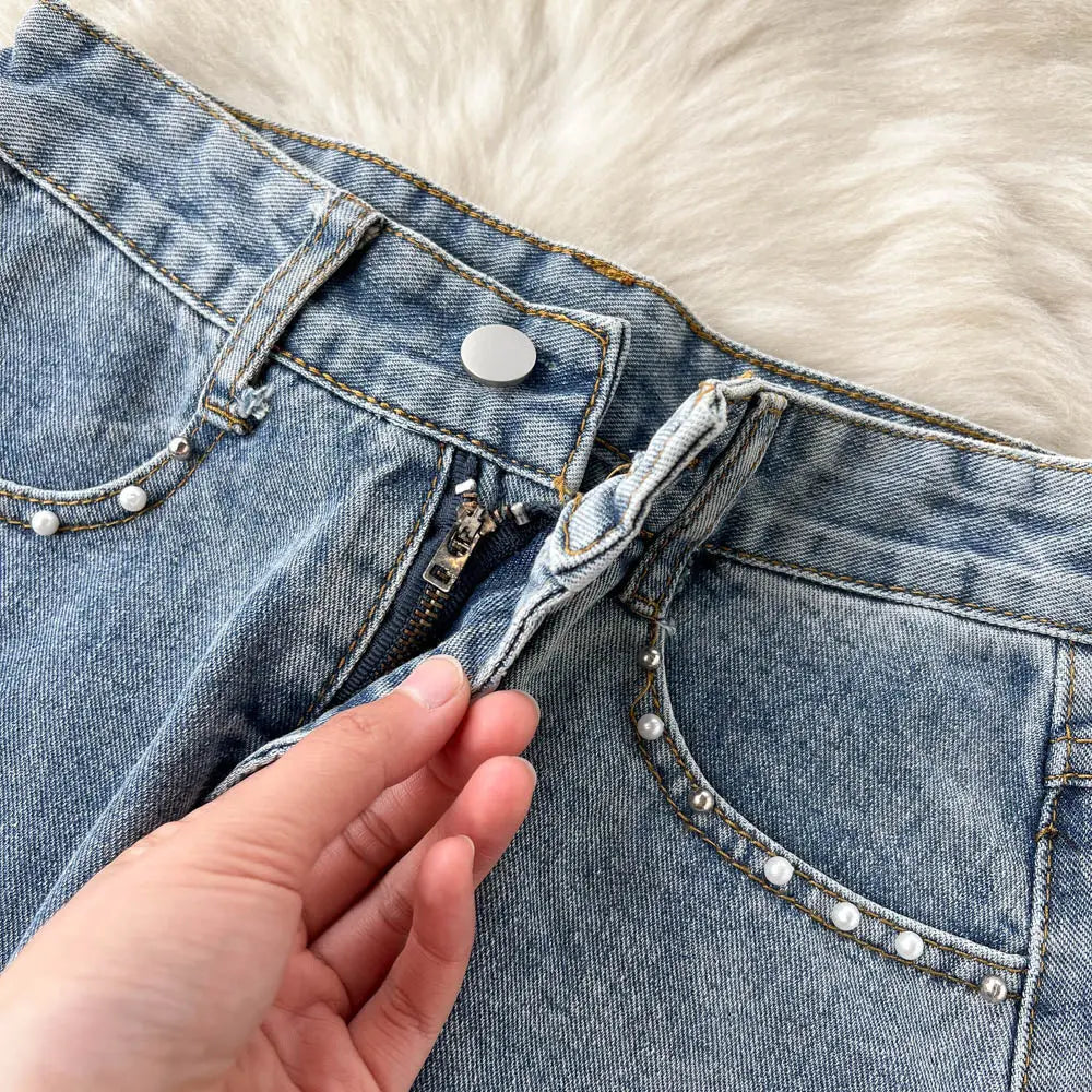 Beading Split Denim Skirts Women High Waist A-line Irregular Jeans Skirts - Blade & Thread
